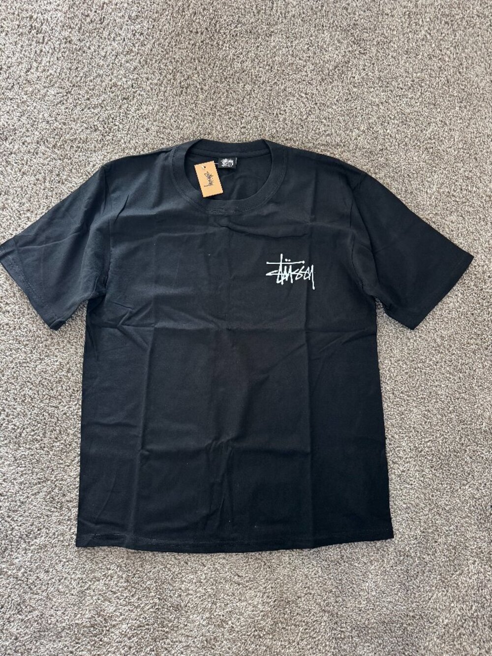 Stussy Black Tee with White Script Logo